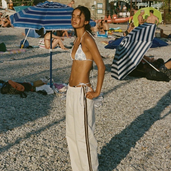 With Jean Pants - With Jean Cream Track Pants with Brown Side Stripes